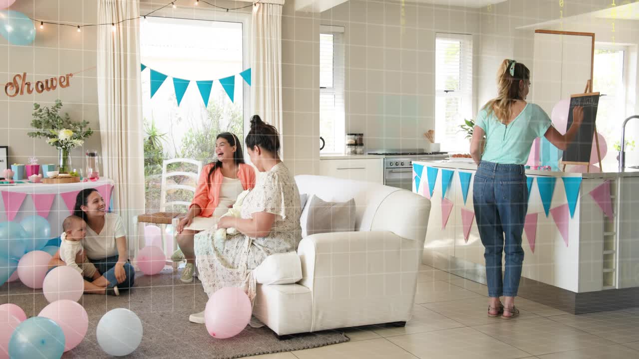 Guest entering starting balloon passing, women arranging decor for baby shower, icons over couch