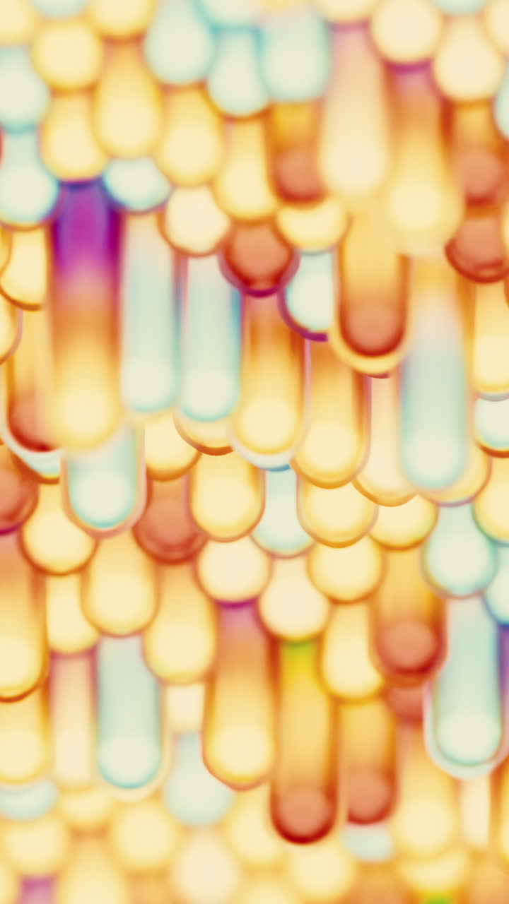Goccioline pastello che cadono a cascata in una morbida tenda, forme a goccia si fondono in una sfumatura calda con un bagliore delicato e fluido