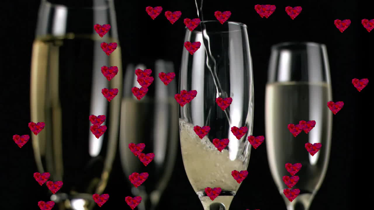 Vertiendo champán en copas con animación de corazones rojos para celebración