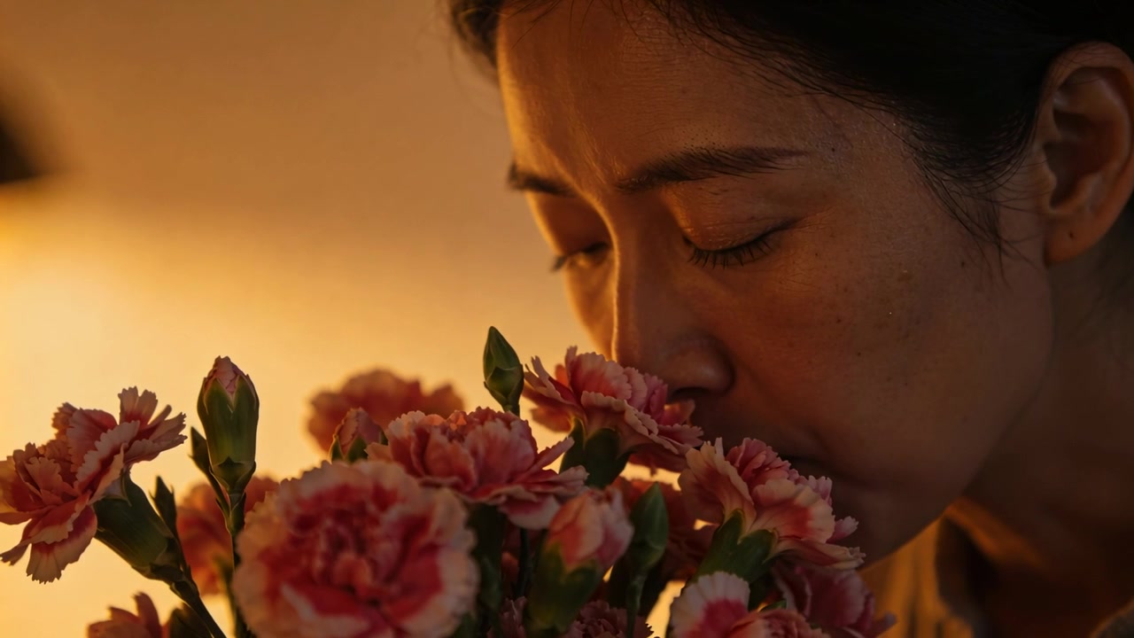 Una donna con un top neutro, notando un profumo, si china per inalare garofani rosa su un tavolino con lampada a casa.