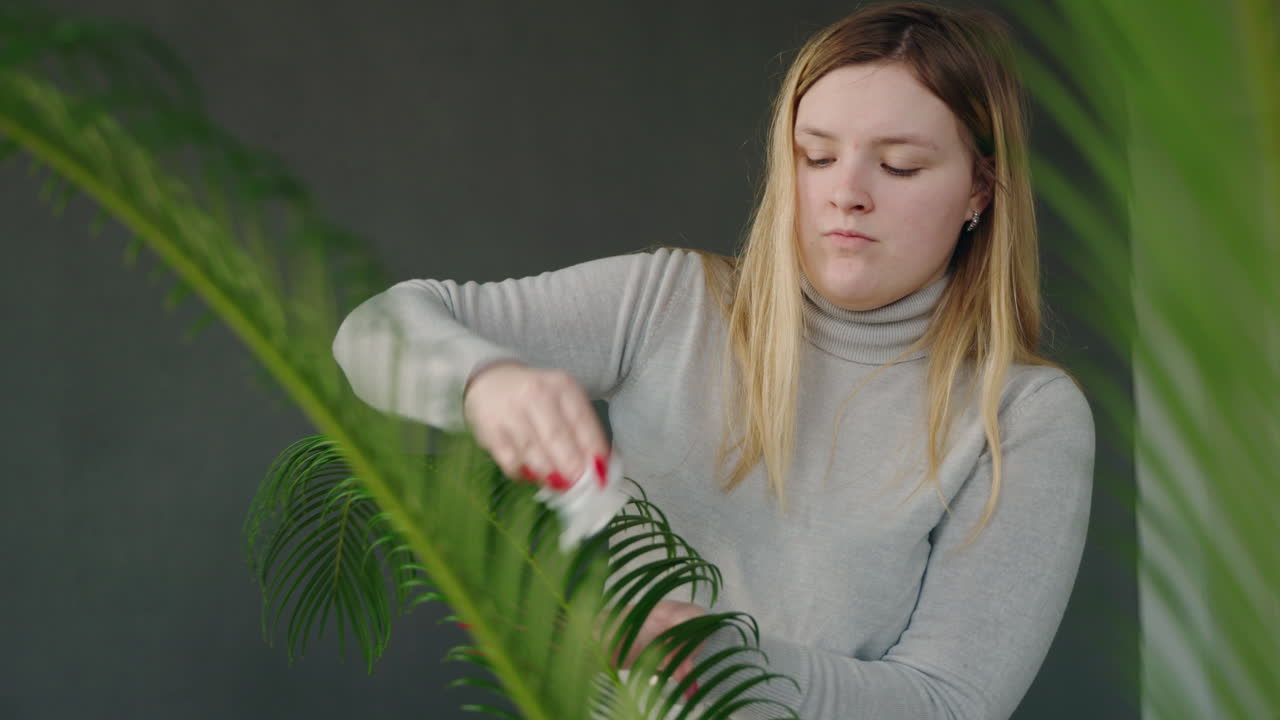 женщина ухаживает за комнатным растением