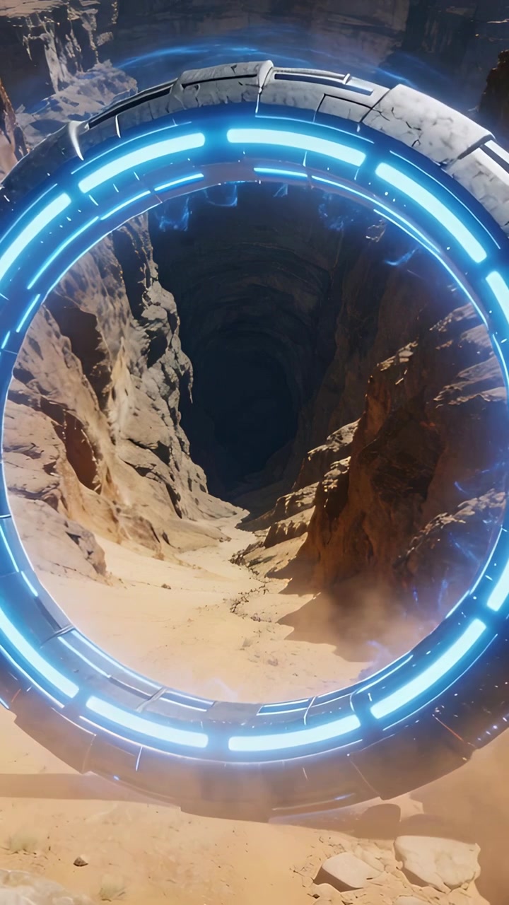 Video verticale: Anello metallico che si attiva ruotando sopra il fondo sabbioso di un canyon, caricandosi per aprire un portale.