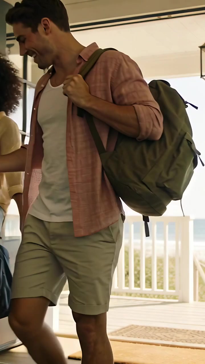 Vertical video: Walking pair holding bag and pack via open door entering porch for beach in sandals
