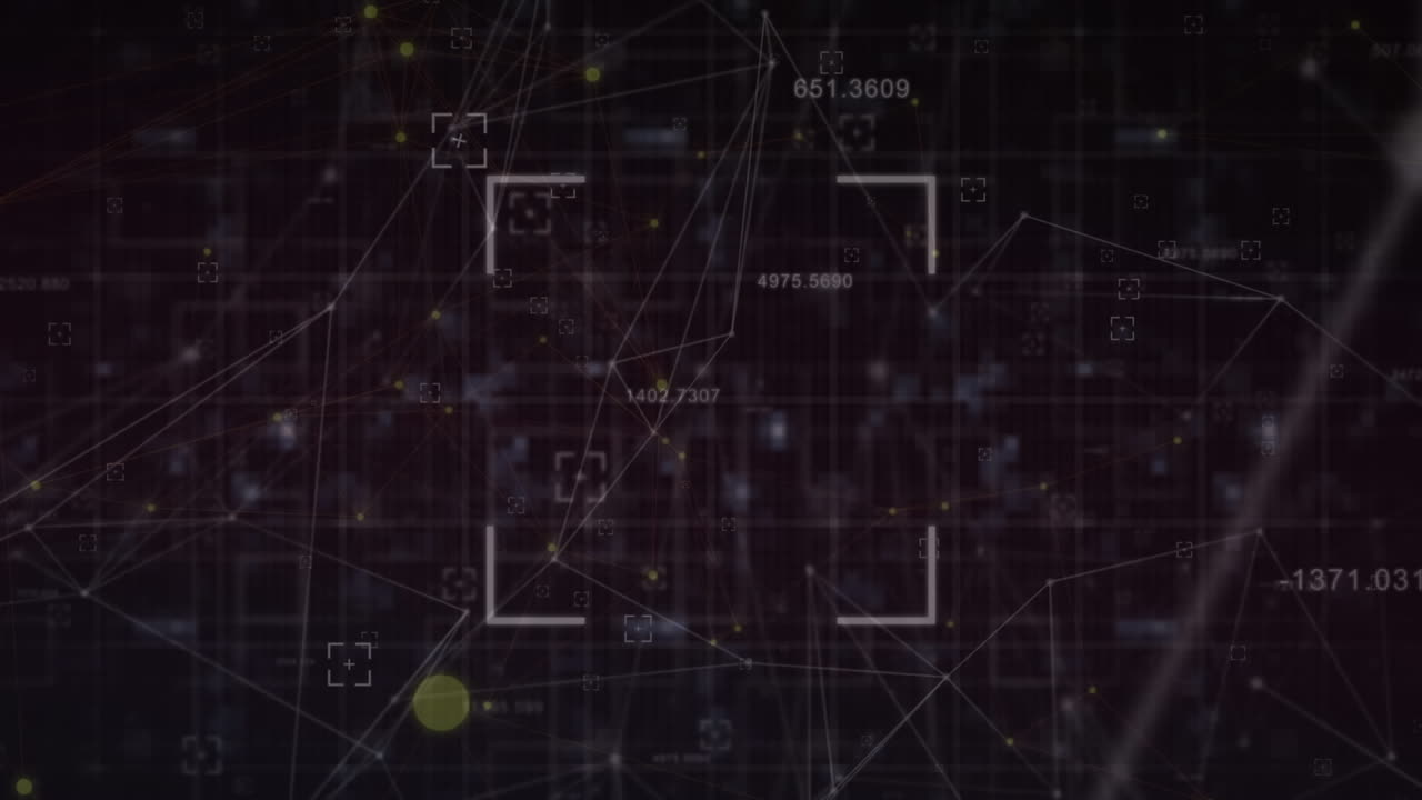 Animation of viewfinders over connected dots with lines and changing numbers on black background
