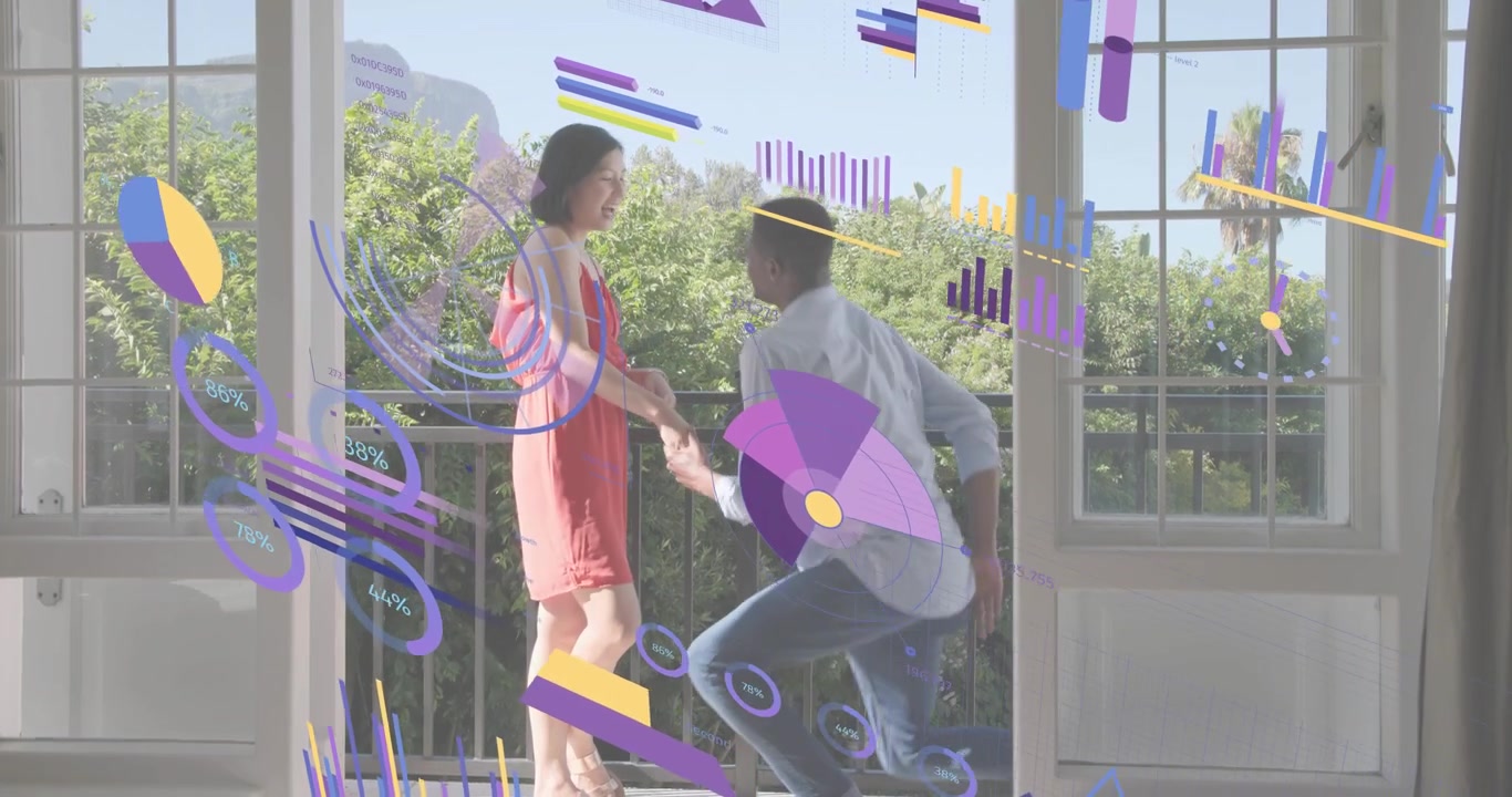 Stepping through French doors onto balcony, couple dancing as charts swirling visualizing analytics