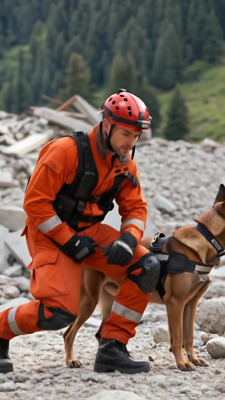 Such- und Rettungshelfer in Schutzkleidung steht mit einem ausgebildeten Hund inmitten von Trümmern in einem Katastrophengebiet.
