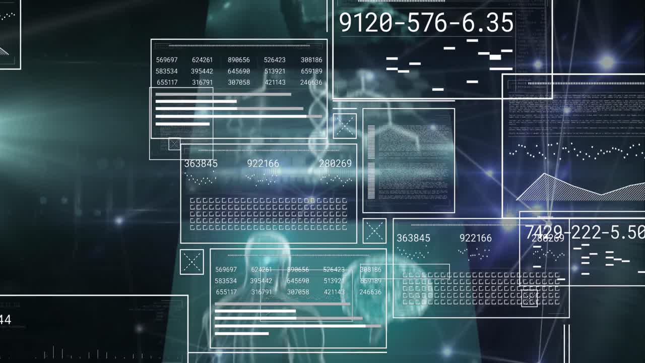 animación de barras de carga, círculos, números, puntos conectados, gráficos en múltiples interfaces médicas