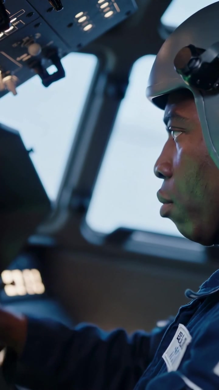 Vertical video: Reaching pilot in navy suit using panel in cockpit as lights coming on, copy space