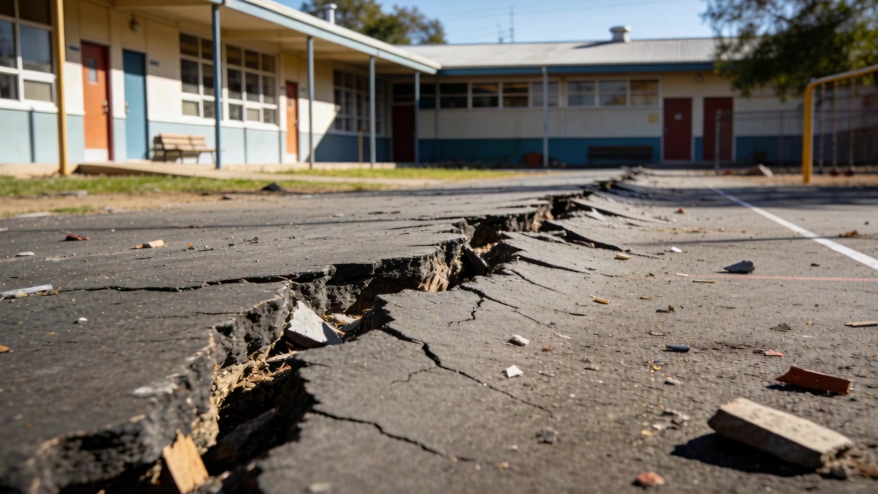 Inquadratura iniziale con la telecamera che si allontana, rivelando una crepa nell'asfalto attraverso il cortile della scuola, evidenziando il danno.
