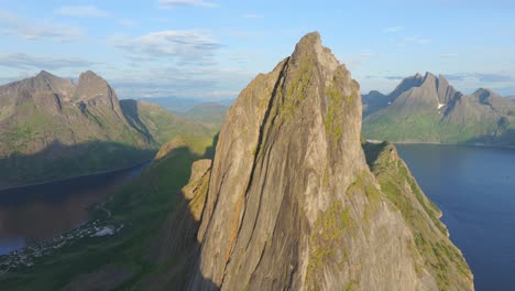 rugged landscape of segla mountain in senja, norway - aerial drone shot