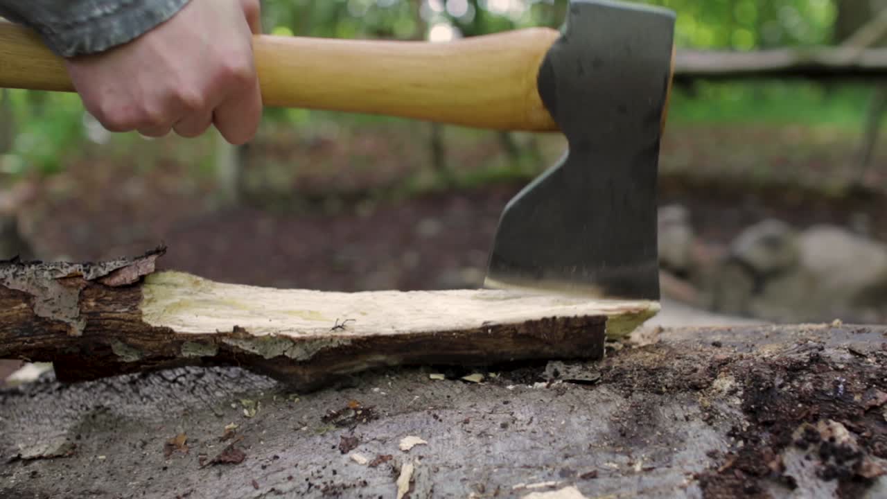 Axe Cutting Wood For a Campfire In The Green Forest