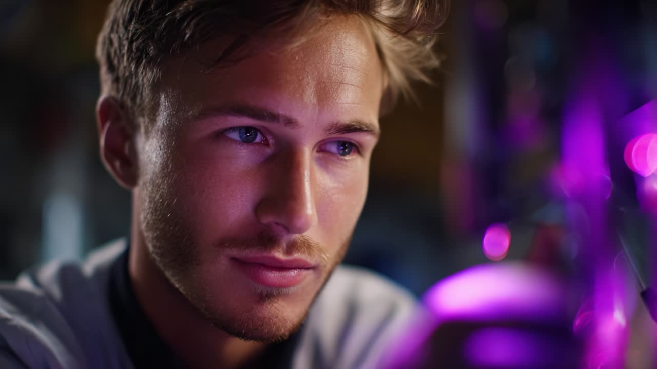 Un giovane uomo concentrato che analizza un'illuminazione intensa durante un esperimento notturno, assorto nei suoi pensieri mentre osserva un apparato scientifico che si illumina di sfumature viola in un ambiente di lavoro unico.
