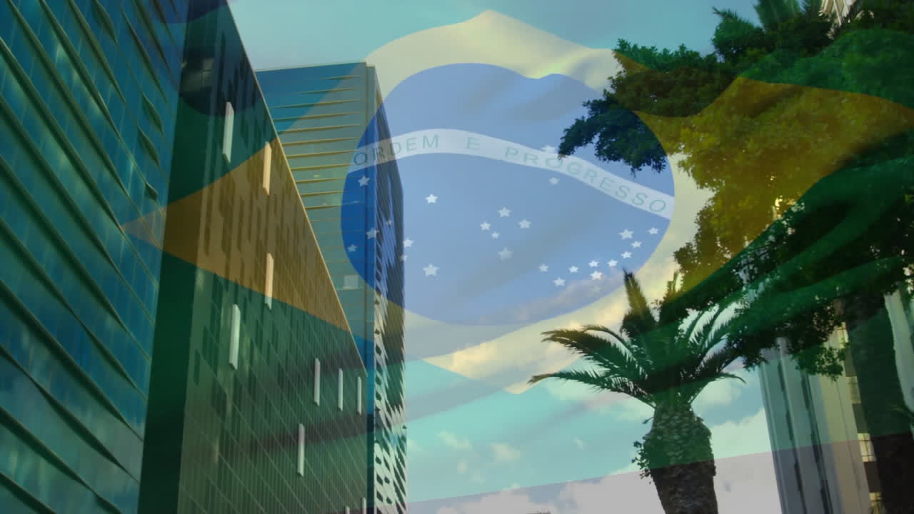 Brazilian flag animation over modern city buildings and palm trees