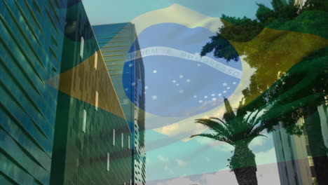 brazilian flag animation over modern city buildings and palm trees