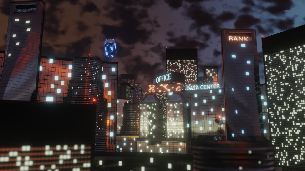 밤에 미래의 사이버 크 도시 풍경