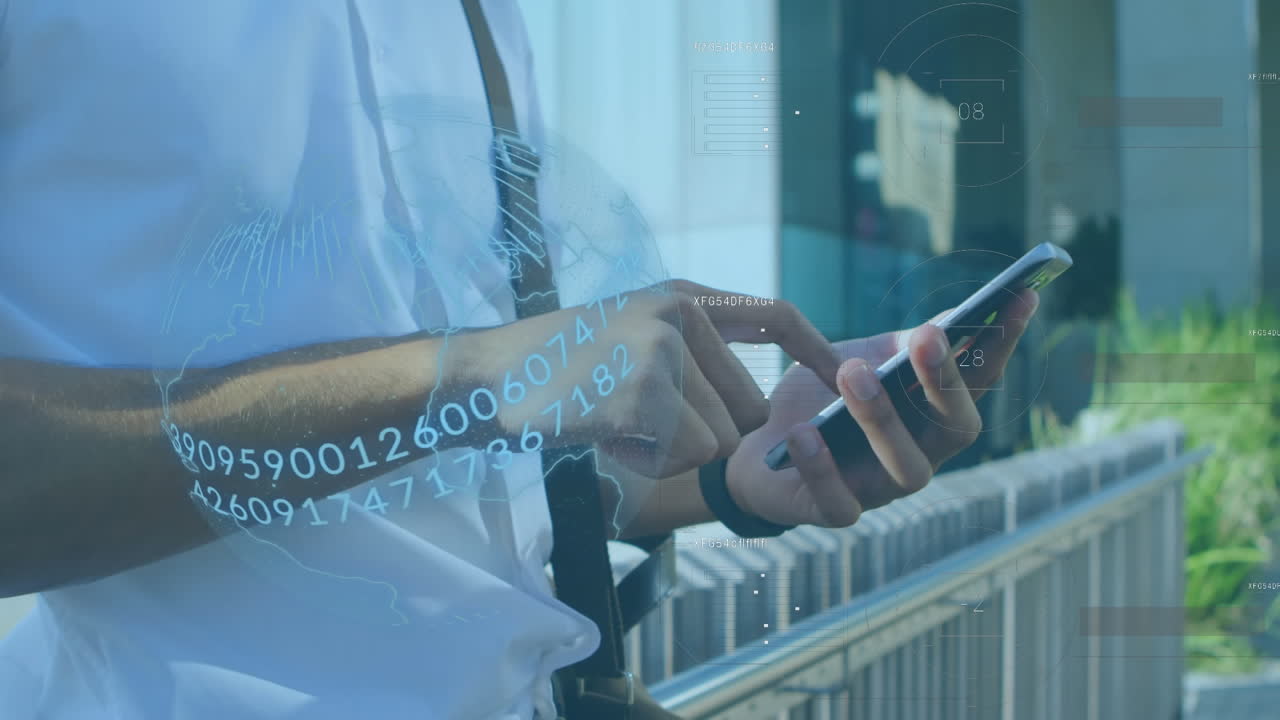 Animation of data processing over caucasian businessman using smartphone