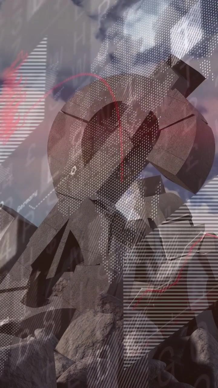 Video vertical: Cámara bajando, mostrando arte de metal mientras glifos de datos flotan, proporcionando información.