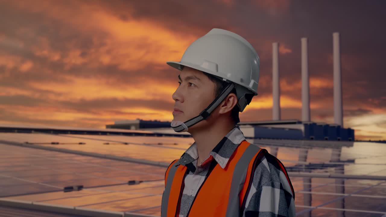 Primo piano laterale di un ingegnere asiatico con casco di sicurezza che si guarda intorno mentre ispeziona pannelli solari su un tetto al tramonto.
