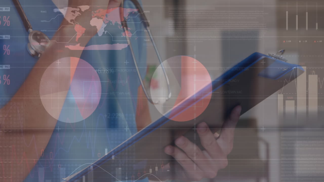 este médico está escribiendo un informe en el hospital sobre el comercio, los servicios de entrega, la economía y la tecnología