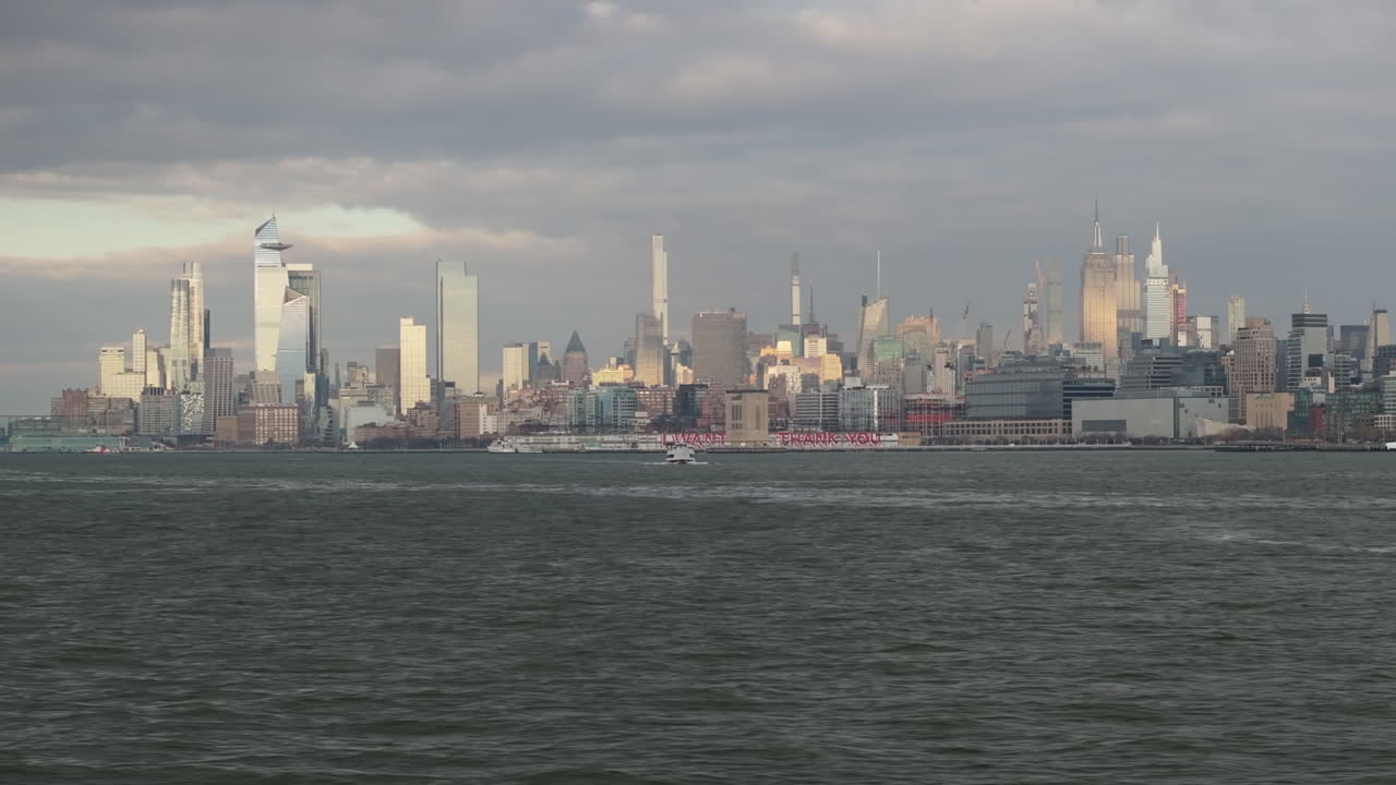 Aerial view of New York City. Shot along the Hudson River in New York City.