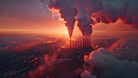 industrial complex emitting smoke at sunset