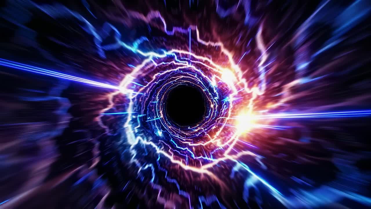 Luminous wormhole swirling with electric energy, generating cosmic vortex bridging spacetime dimensions, radiating intense glowing electromagnetic currents through dark universal expanse