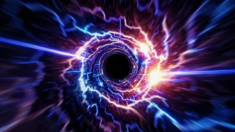 luminous wormhole swirling with electric energy, generating cosmic vortex bridging spacetime dimensions, radiating intense glowing electromagnetic currents through dark universal expanse
