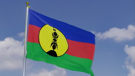 Flag-Of-New-Caledonia-Moving-In-The-Wind-With-A-Clear-Blue-Sky-In-The-Background,-Clouds-Slowly-Moving,-Flagpole,-Slow-Motion