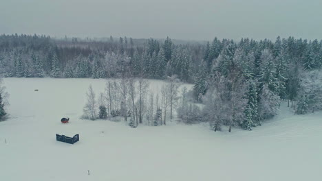 Vista-Aérea-Del-Incómodo-Día-Gris-De-Invierno-Al-Aire-Libre-En-Un-Paisaje-Forestal-Cubierto-De-Nieve