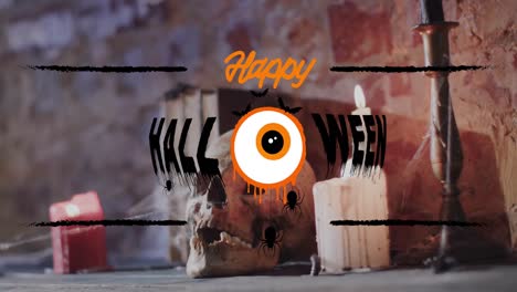 animation of happy halloween text over candles and skull on brick wall background