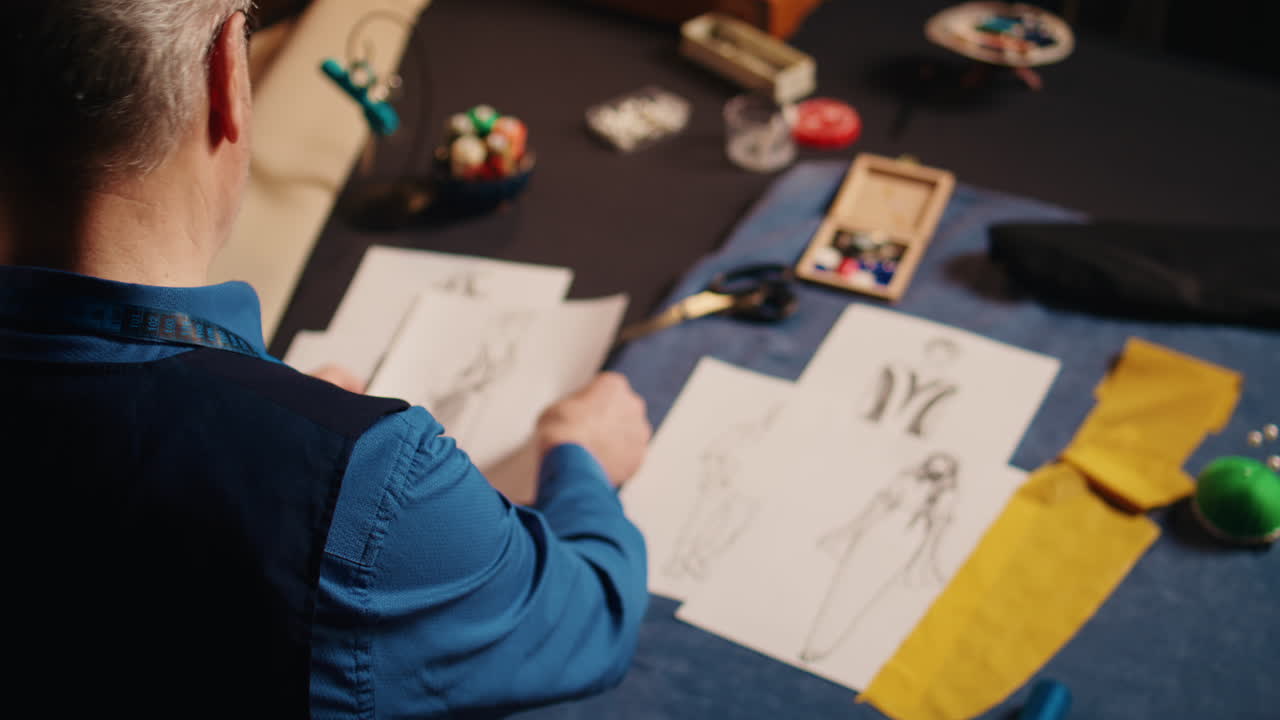 오래된 디자이너가 재료를 선택하고 있습니다.