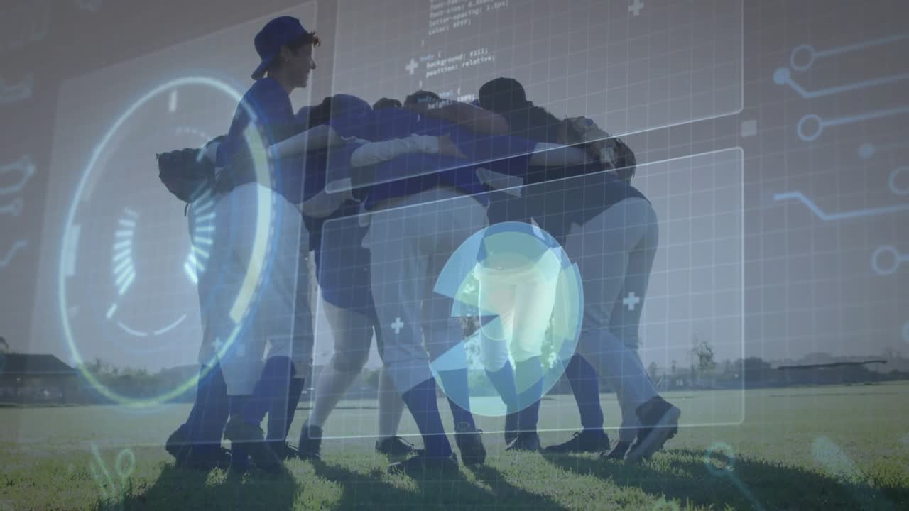 Sports team huddling on grassy field for pre-game pep, HUD dials and panels fading across players