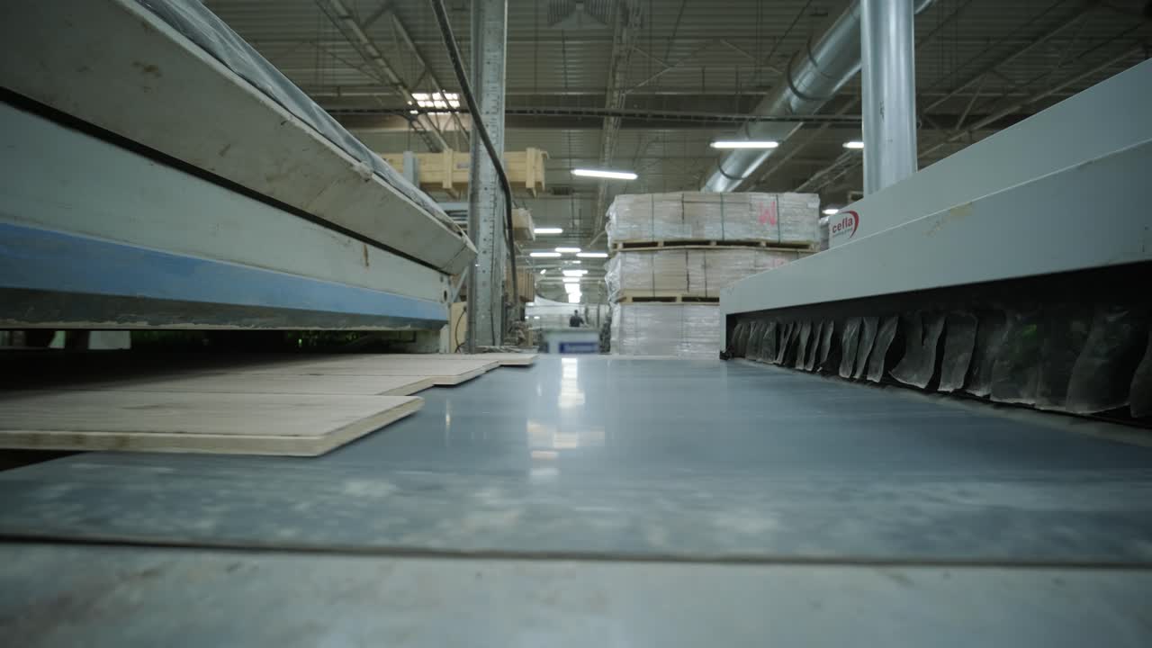 Wooden Planks Moving on Conveyor Belt in Industrial Factory