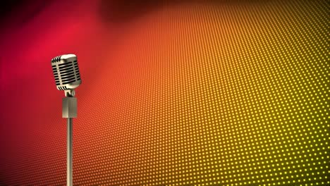 animation of retro microphone over red and yellow dots background