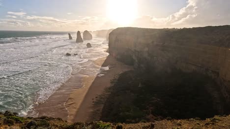 sunset view of ocean cliffs and rock formations