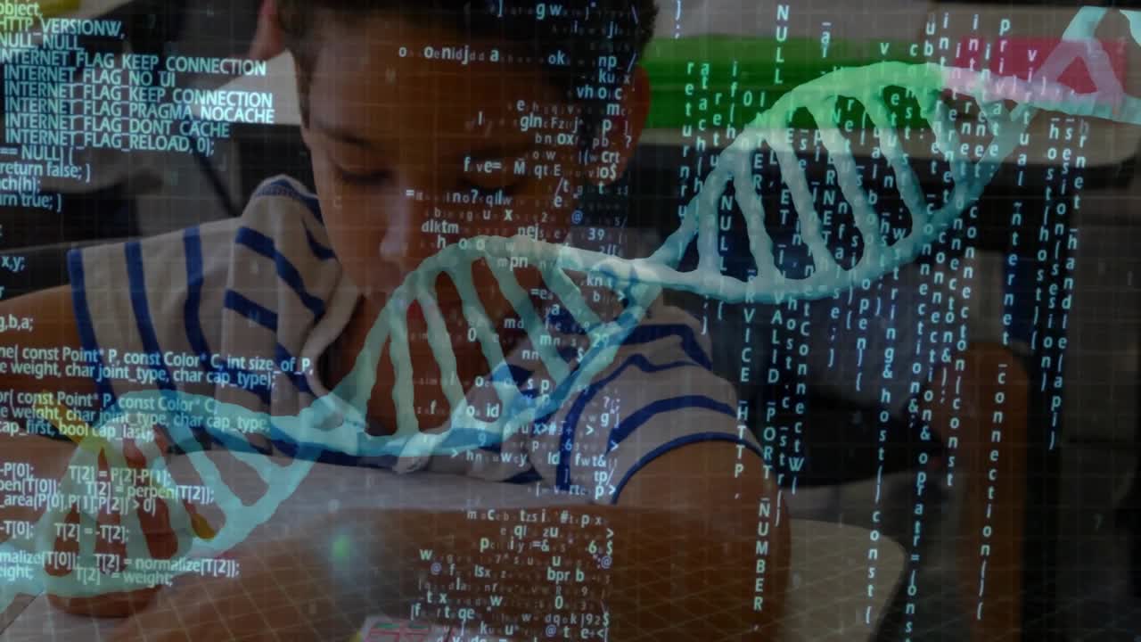 Boy lifting pencil and writing worksheet on desk, with animated DNA code illustrating STEM learning