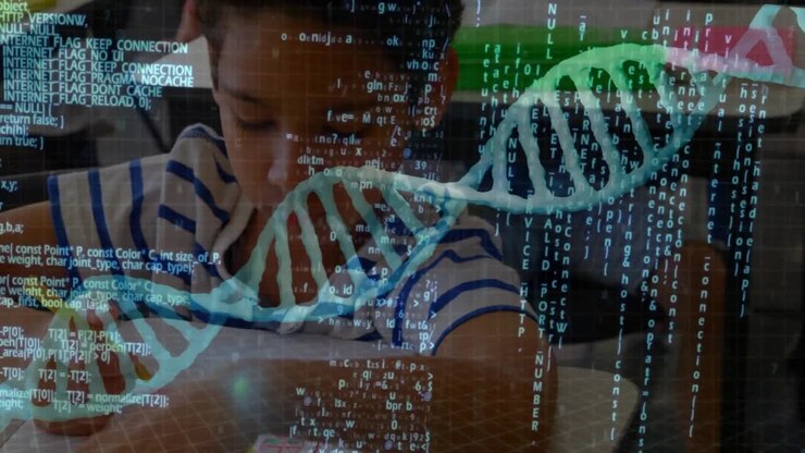 Boy lifting pencil and writing worksheet on desk, with animated DNA code illustrating STEM learning