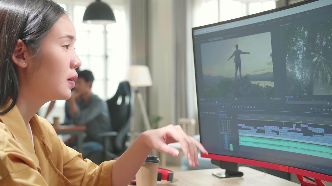 Tired Asian Female Video Editor Works With Footage And Sound On Her Personal Computer In Office