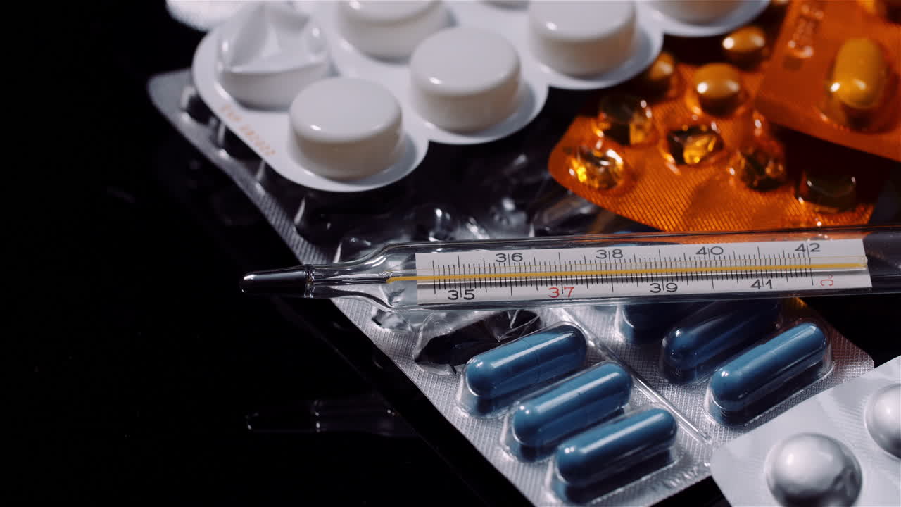 다양한 의료 알약 마약 검은 배경 제약 산업 진통제 회전 13