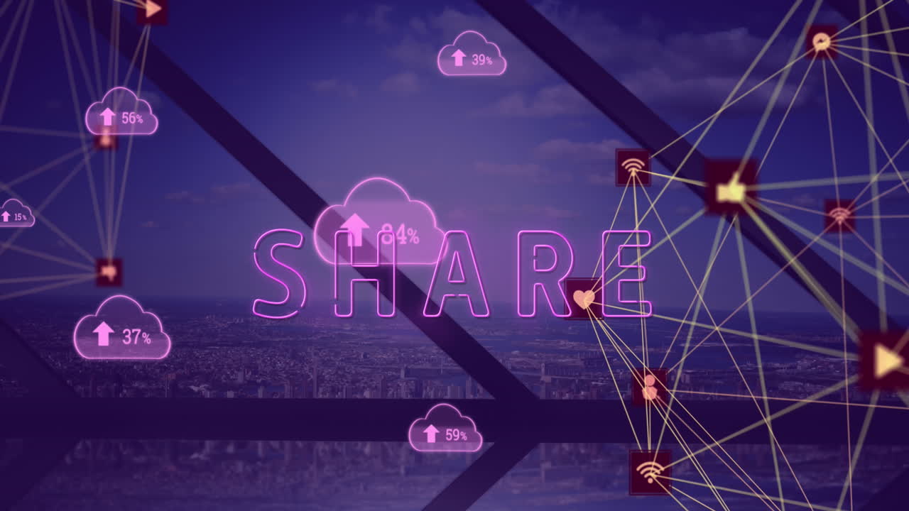 Animation of social media data processing with share text over cityscape