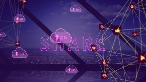 animación del procesamiento de datos de las redes sociales con texto compartido en cityscape
