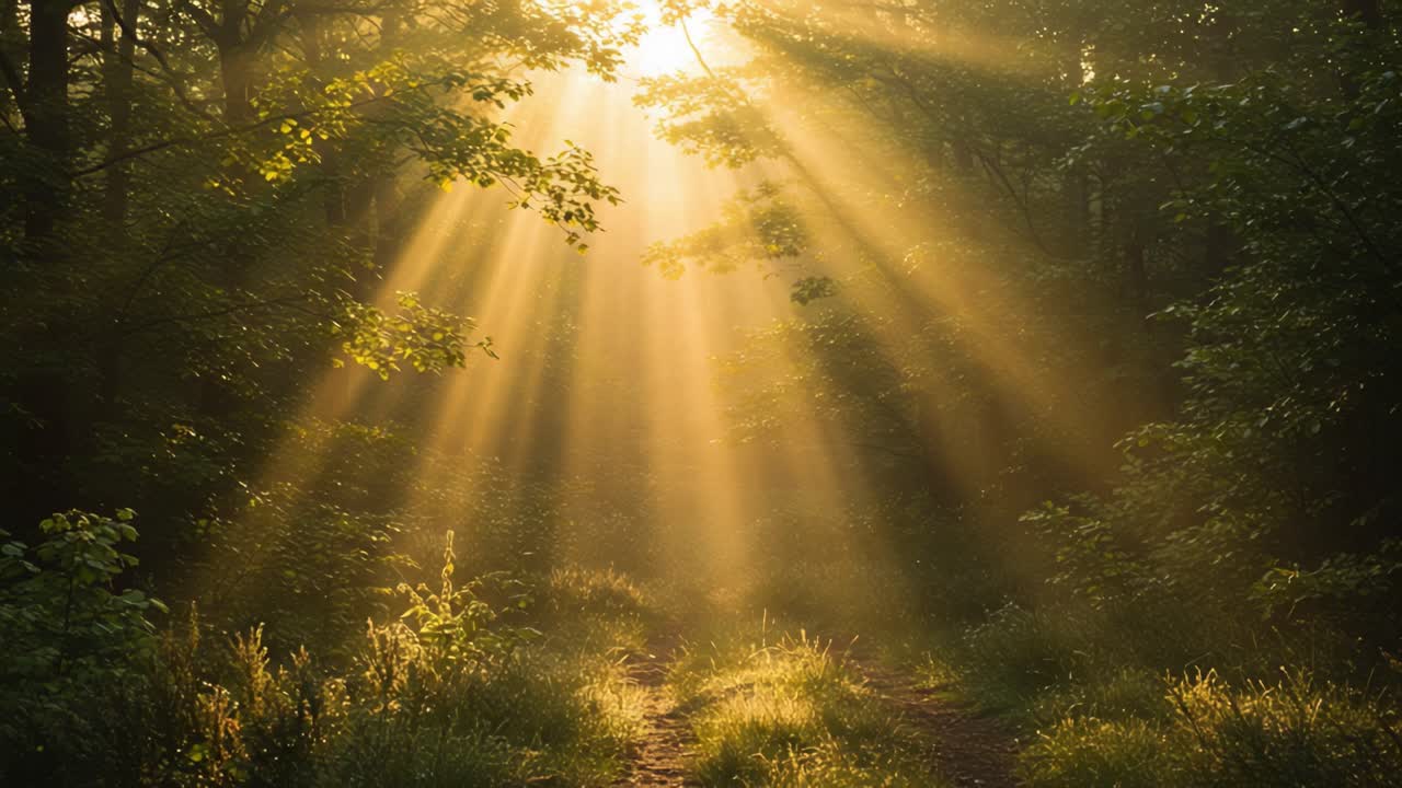 Serene Morning Light Filtering Through Trees in a Lush Forest, Casting a Magical Glow on the Pathway Beneath, Creating a Captivating Natural Scene