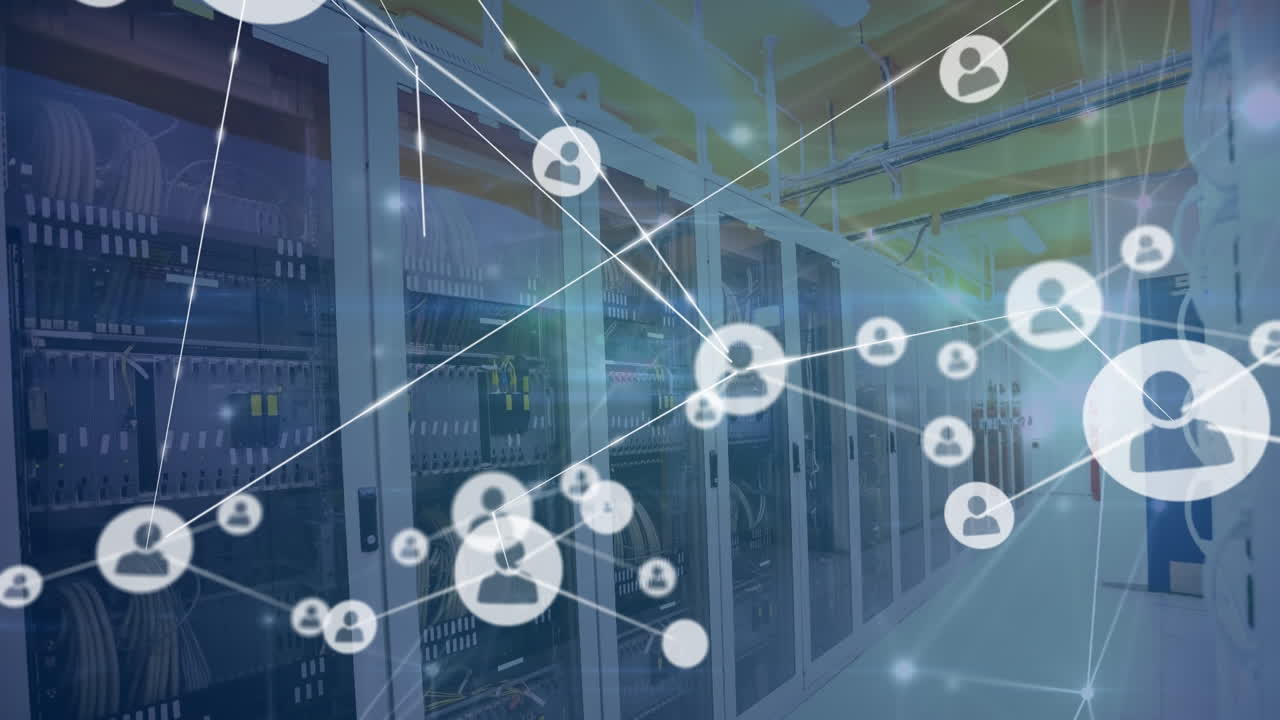 Animation of network of connections with icons over server room