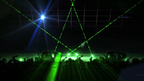 digital animation of green shining lights over silhouette of people dancing