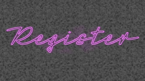 animation of purple neon text, register, on grey textured background