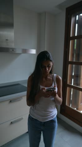 mujer usando un teléfono inteligente en una cocina moderna