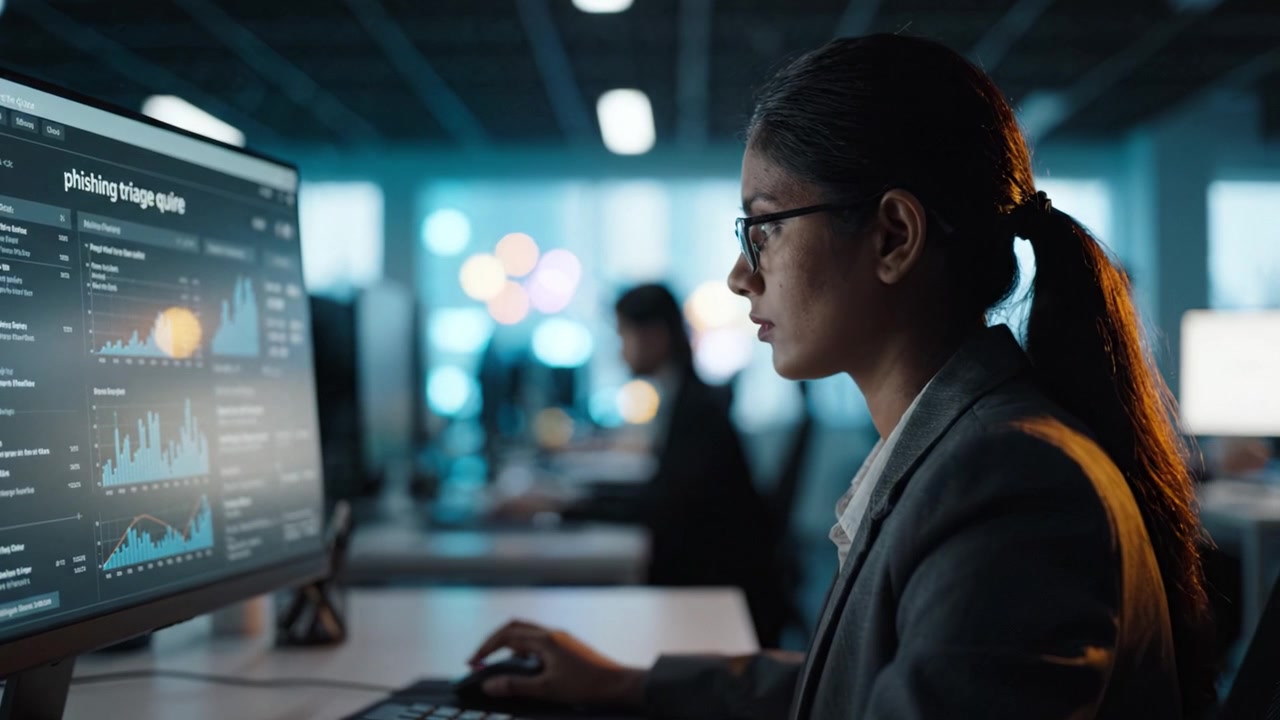 Focused Female Analyst Analyzes Data Trends on Computer Screen in Modern Office Environment, Highlighting Statistics and Graphical Information for Decision Making
