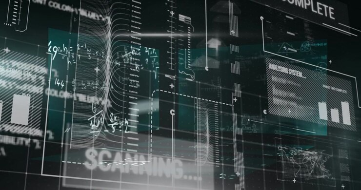 Animation of data processing with mathematical equations on black background