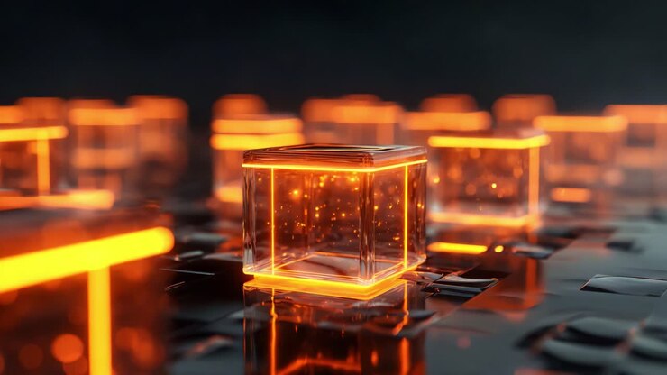 Cubi trasparenti illuminati su una superficie scura con riflessi arancioni luminosi che creano un'estetica digitale futuristica in un ambiente futuristico