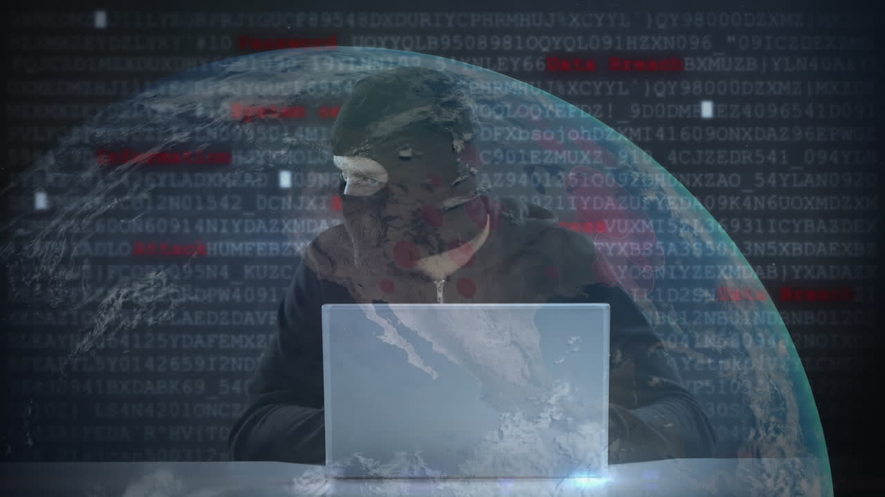 animación del procesamiento de datos sobre un hacker con una computadora portátil